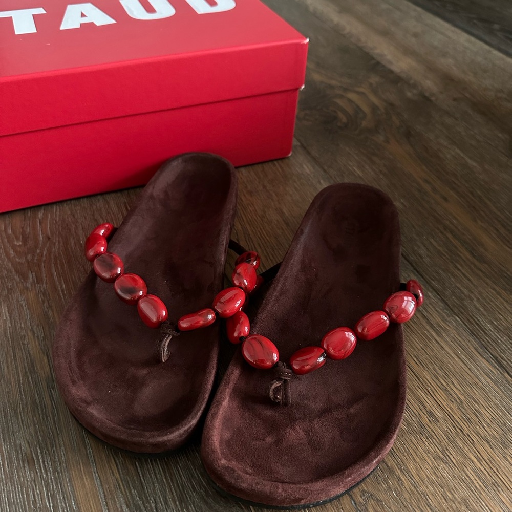 STAUD Red and Brown Sandals ANDRE SLIDE | CLOVE CORAL